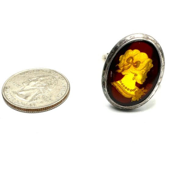 1940-60s Sterling Silver Carved Amber Intaglio Cameo Ring—MCM Statement Piece - Picture 2 of 12